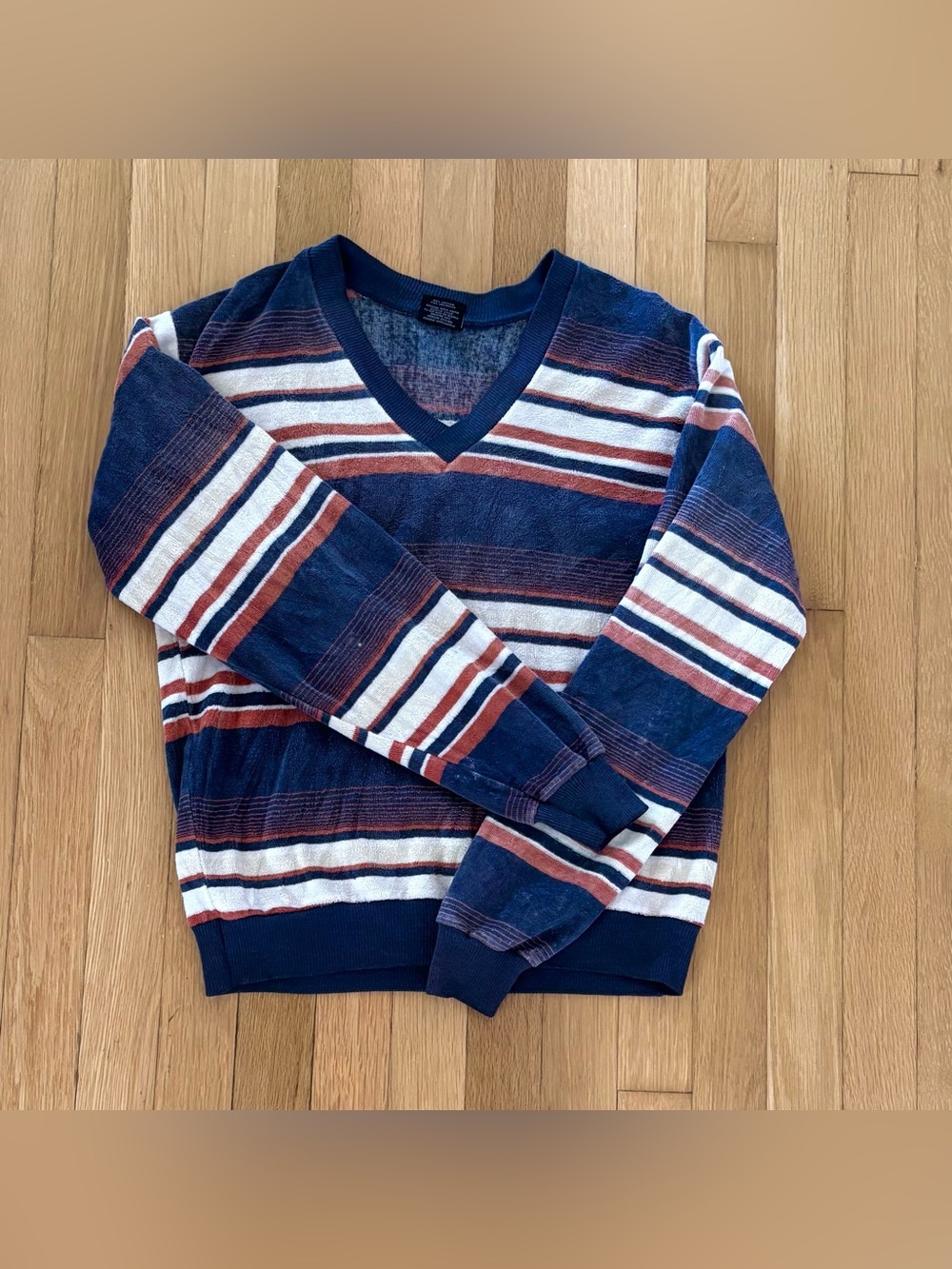 Vintage Campus Velour Striped Sweater Mens S Made in USA 70s 80s V Neck Terry